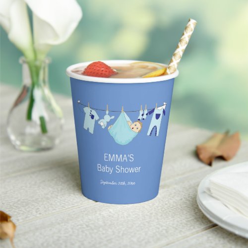 Elegant Cute Blue Clothesline Boy Baby Shower  Paper Cups