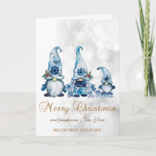 Elegant Cute Blue Gnomes Bokeh Holiday Card