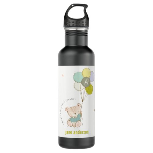 Elegant Cute Blue Teddy Bear Balloon Monogram Stainless Steel Water Bottle