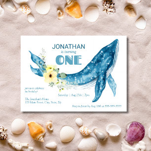Elegant Cute Blue Whale Yellow Floral 1st Birthday Invitation