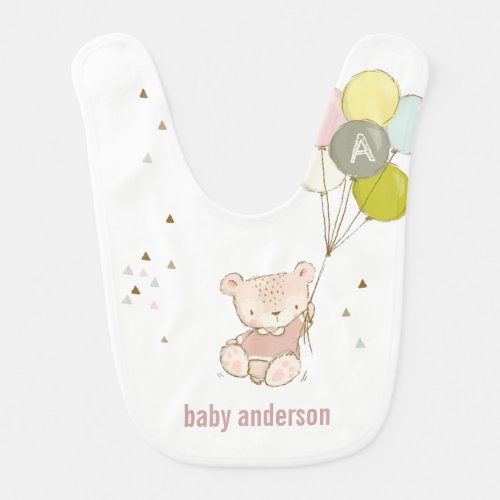 Elegant Cute Blush Bear Balloon Girly Monogram Baby Bib