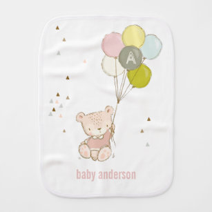 Elegant Cute Blush Bear Balloon Girly Monogram Baby Burp Cloth
