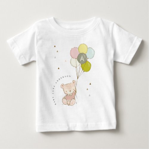 Elegant Cute Blush Bear Balloon Girly Monogram Baby T_Shirt