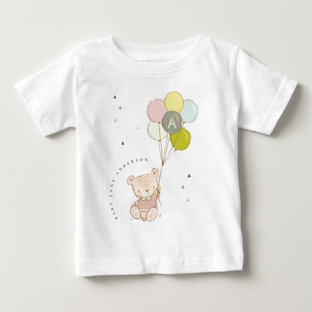Elegant Cute Blush Bear Balloon Girly Monogram Baby T-Shirt (Front)