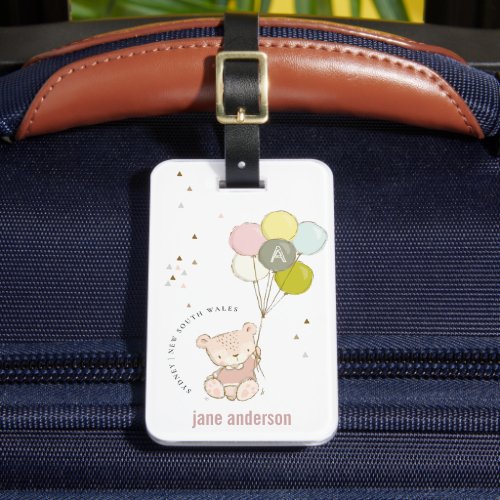 Elegant Cute Blush Bear Balloon Girly Monogram Luggage Tag