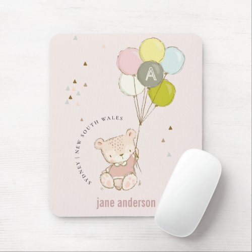 Elegant Cute Blush Bear Balloon Girly Monogram Mouse Pad