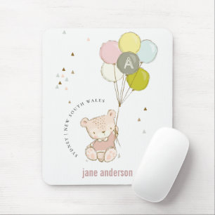 Elegant Cute Blush Bear Balloon Girly Monogram Mouse Pad