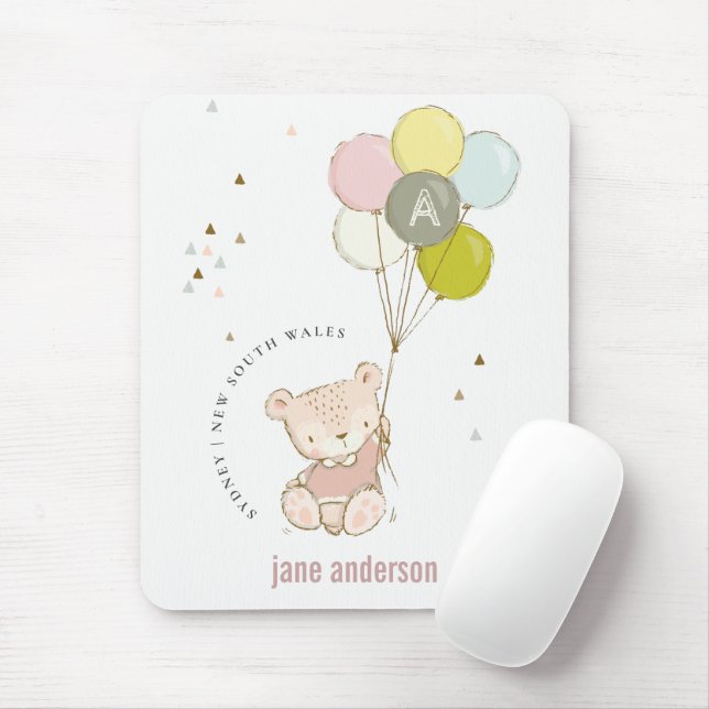 Elegant Cute Blush Bear Balloon Girly Monogram Mouse Pad (With Mouse)