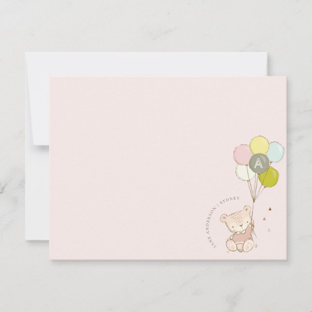 Elegant Cute Blush Bear Balloon Girly Monogram Note Card (Front)