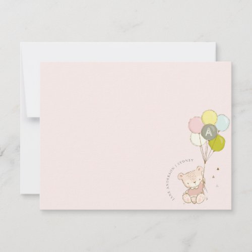 Elegant Cute Blush Bear Balloon Girly Monogram Note Card