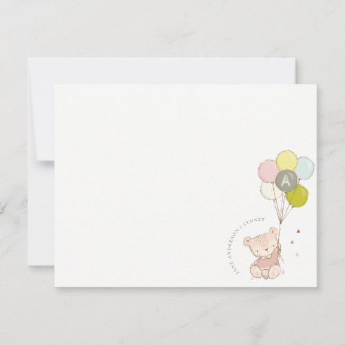 Elegant Cute Blush Bear Balloon Girly Monogram Note Card
