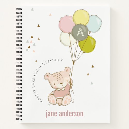 Elegant Cute Blush Bear Balloon Girly Monogram Notebook
