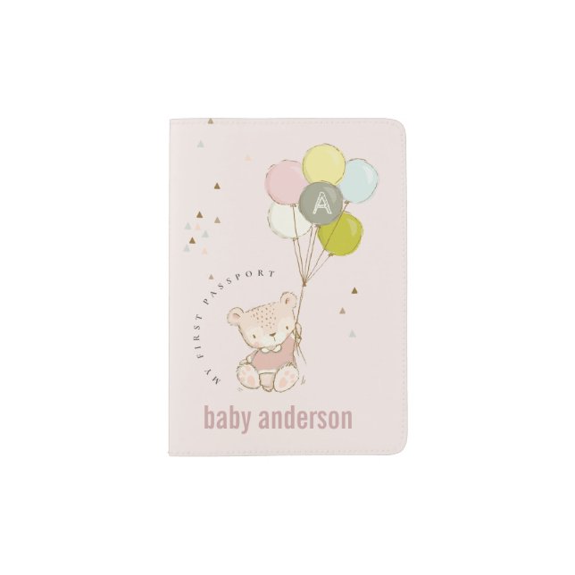 Elegant Cute Blush Bear Balloon Girly Monogram Passport Holder (Front)