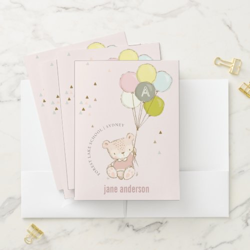 Elegant Cute Blush Bear Balloon Girly Monogram Pocket Folder
