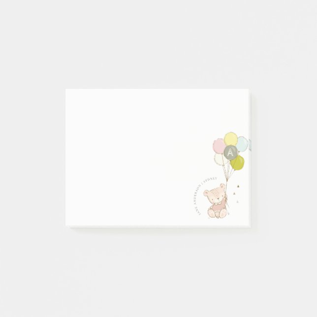 Elegant Cute Blush Bear Balloon Girly Monogram Post-it Notes (Front)