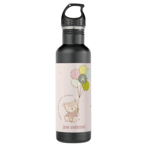 Elegant Cute Blush Bear Balloon Girly Monogram Stainless Steel Water Bottle