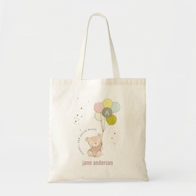 Elegant Cute Blush Bear Balloon Girly Monogram Tote Bag (Front)
