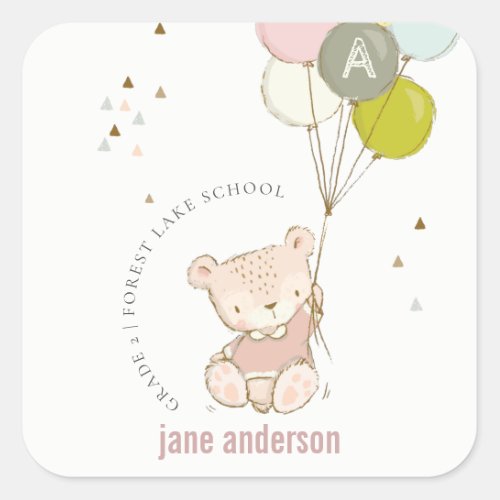 Elegant Cute Blush Bear Balloon Kids Monogram Square Sticker