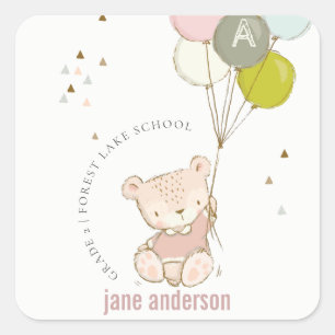 Elegant Cute Blush Bear Balloon Kids Monogram Square Sticker