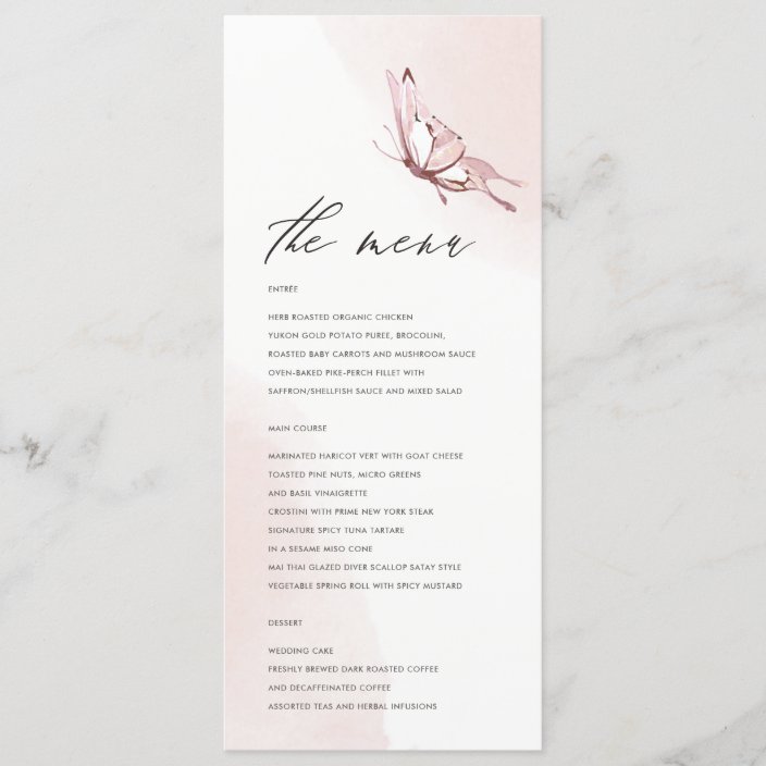 ELEGANT CUTE BLUSH WATERCOLOR BUTTERFLY WEDDING MENU