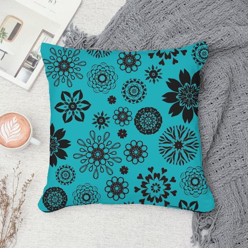 Elegant Cute Boho Floral Mandala Pattern Turquoise Throw Pillow