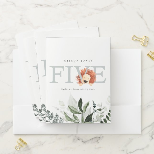 Elegant Cute Boho Lion Foliage Fifth 5th Birthday Pocket Folder (In Situ)