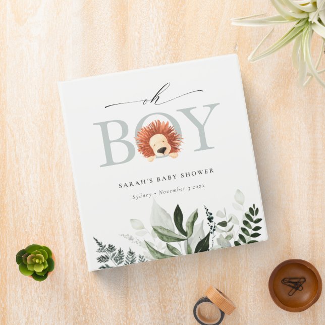 Elegant Cute Boho Lion Foliage Oh Boy Baby Shower 3 Ring Binder (In Situ)