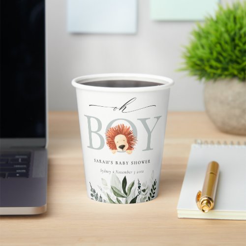 Elegant Cute Boho Lion Foliage Oh Boy Baby Shower Paper Cups