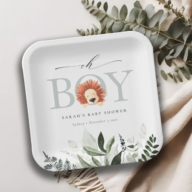 Elegant Cute Boho Lion Foliage Oh Boy Baby Shower Paper Plates (Creator Uploaded)