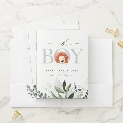 Elegant Cute Boho Lion Foliage Oh Boy Baby Shower Pocket Folder