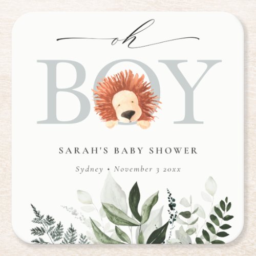 Elegant Cute Boho Lion Foliage Oh Boy Baby Shower Square Paper Coaster