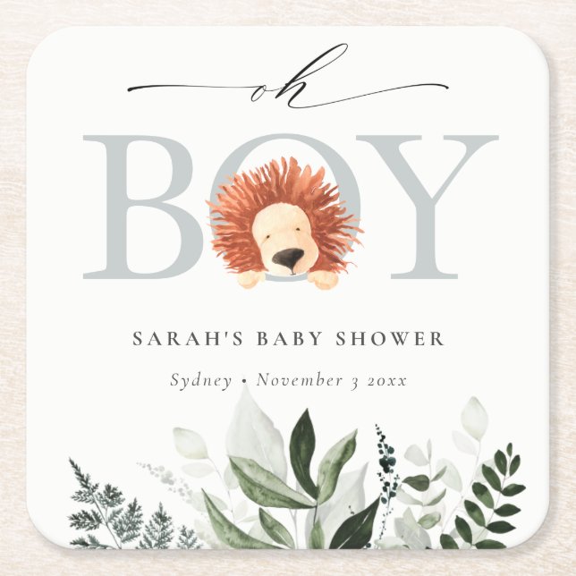 Elegant Cute Boho Lion Foliage Oh Boy Baby Shower Square Paper Coaster (Front)