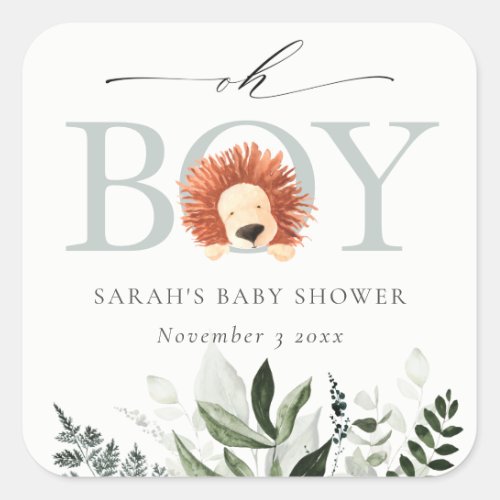 Elegant Cute Boho Lion Foliage Oh Boy Baby Shower Square Sticker