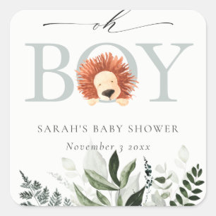 Elegant Cute Boho Lion Foliage Oh Boy Baby Shower Square Sticker