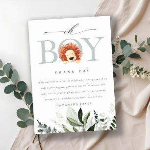 Elegant Cute Boho Lion Foliage Oh Boy Baby Shower Thank You Card