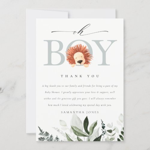 Elegant Cute Boho Lion Foliage Oh Boy Baby Shower Thank You Card