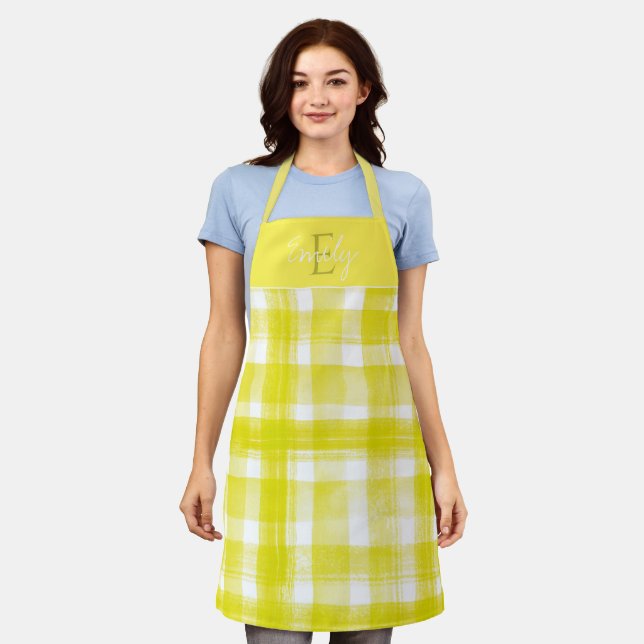 Elegant Cute Bright yellow White Plaid Christmas Apron (Worn)