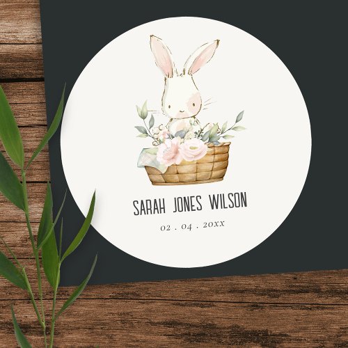 Elegant Cute Bunny In Floral Basket Kids Birthday Classic Round Sticker