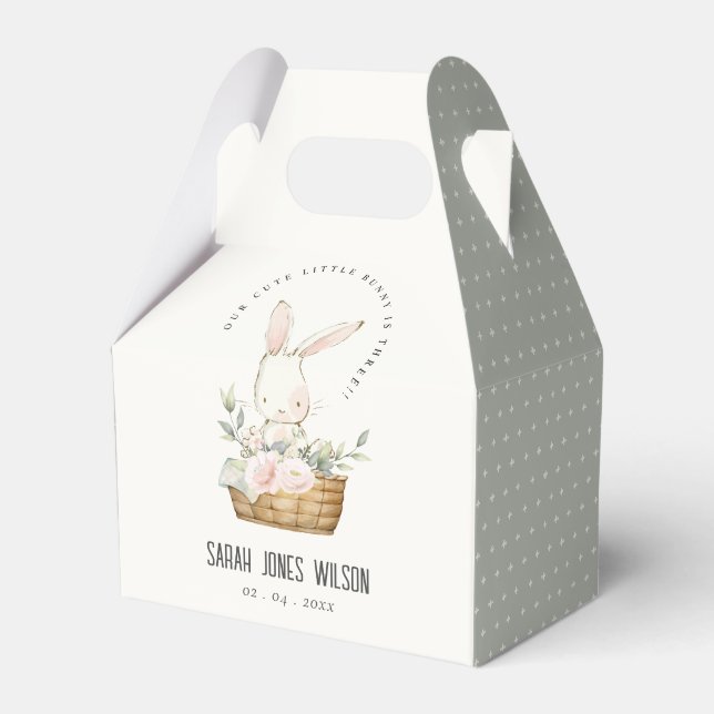 Elegant Cute Bunny In Floral Basket Kids Birthday Favor Boxes (Front Side)