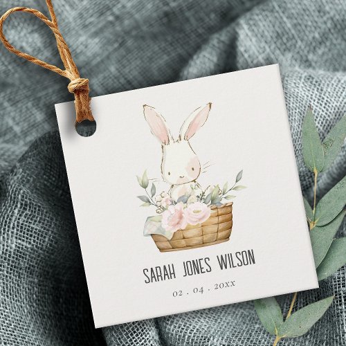 Elegant Cute Bunny In Floral Basket Kids Birthday Favor Tags