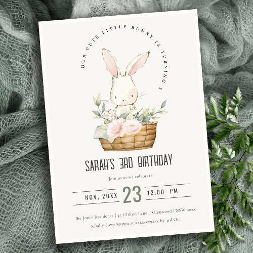Elegant Cute Bunny In Floral Basket Kids Birthday Invitation