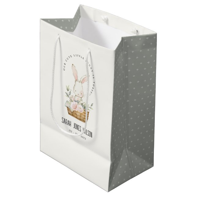 Elegant Cute Bunny In Floral Basket Kids Birthday Medium Gift Bag (Front Angled)