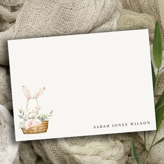 Elegant Cute Bunny In Floral Basket Kids Birthday Note Card (Creator Uploaded)