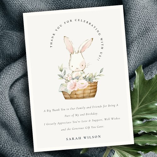 Elegant Cute Bunny In Floral Basket Kids Birthday Thank You Card