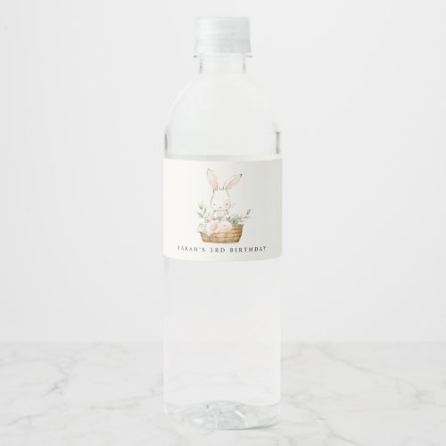 Elegant Cute Bunny In Floral Basket Kids Birthday Water Bottle Label