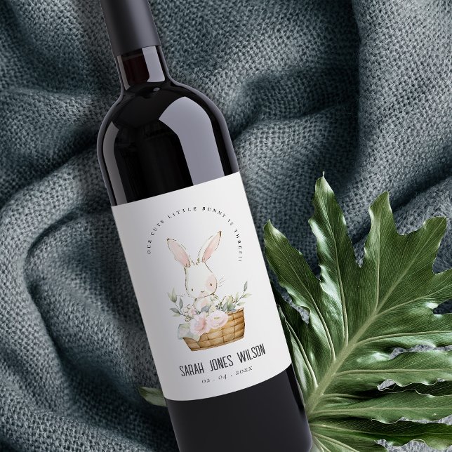 Elegant Cute Bunny In Floral Basket Kids Birthday Wine Label (Creator Uploaded)