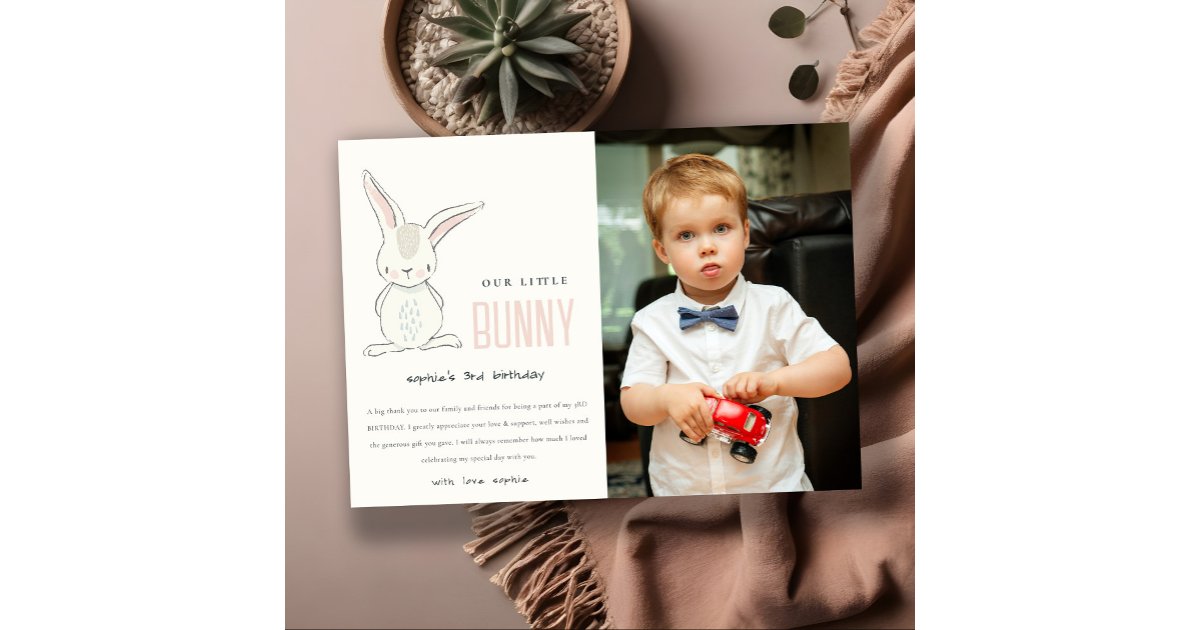 Elegant Cute Bunny Pink Blush Kids Photo Birthday Thank You Card | Zazzle
