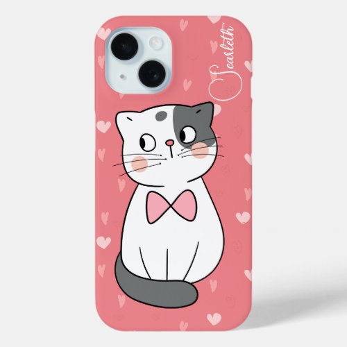 Elegant Cute Cat Hearts  Modern Name Pink iPhone 15 Case
