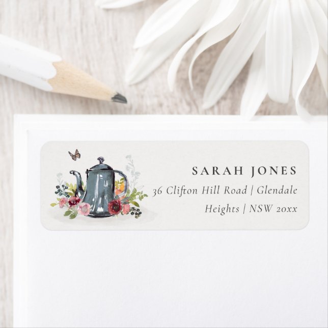 Elegant Cute Cheerful Roses Floral Teapot Address Label (Insitu)