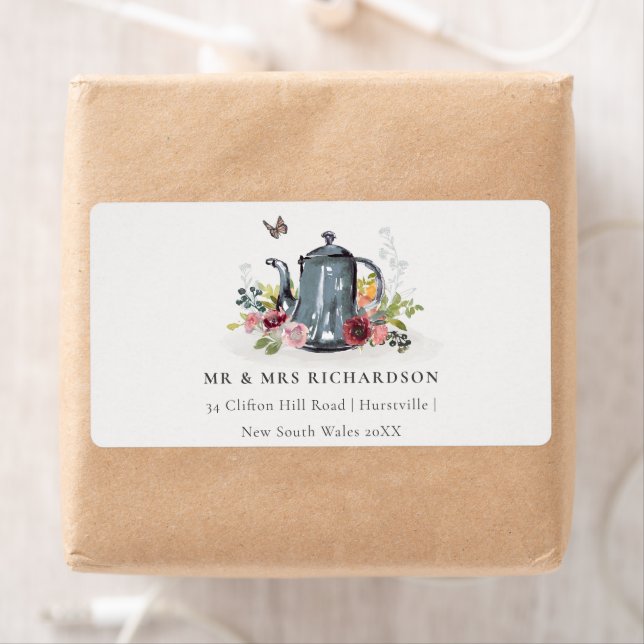 Elegant Cute Cheerful Roses Floral Teapot Address Label (Insitu)